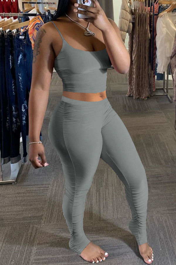 Grey Sexy Solid pencil Sleeveless Two Pieces