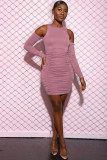 Pink adult Sexy Fashion Sleeve Long Sleeves O neck Step Skirt Mini Solid Print Draped asymmetri