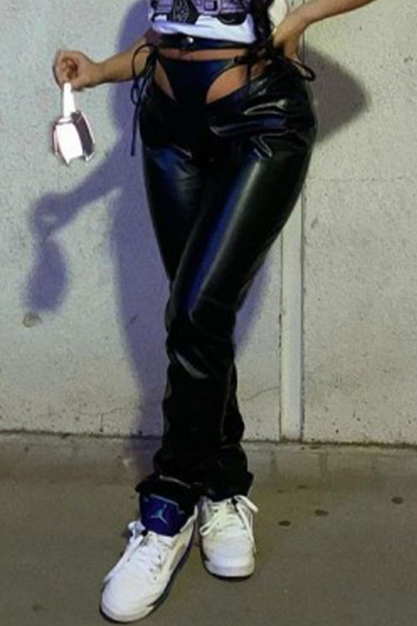 Black Sexy Solid Hollowed Out Skinny Mid Waist Straight Bottoms