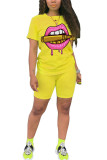 Yellow venetian Fashion Casual adult Ma'am Print Two Piece Suits pencil Short Sleeve Two Pieces