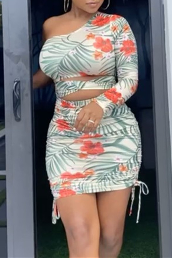 White Fashion Sexy Print Backless Strap Design Oblique Collar Long Sleeve Two Pieces