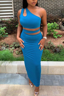 Blue Polyester Fashion adult Lightly cooked Patchwork Solid Two Piece Suits HOLLOWED OUT A-line skirt Sleeveless Two Pieces