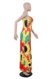 Red Polyester Casual adult Fashion Spaghetti Strap Sleeveless Slip Pencil Dress Ankle-Length Floral Prin