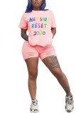 Pink venetian Fashion adult Ma'am Street Letter Burn-out Two Piece Suits pencil Short Sleeve Two Pieces