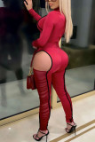 Red Sexy Solid Split Joint Fold O Neck Regular Jumpsuits