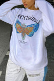 White Fashion Casual Letter Butterfly Print Basic O Neck Tops