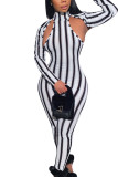 White Fashion Casual Striped zipper Long Sleeve Turtleneck Jumpsuits