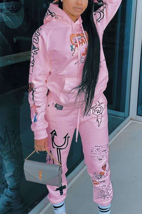 Pink Casual Print Letter Hooded Collar Long Sleeve Two Pieces
