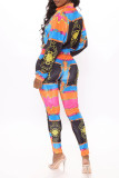 Multicolor Fashion Casual Print Basic Zipper Collar Long Sleeve Two Pieces