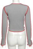 Grey O Neck Long Sleeve Patchwork Solid Tops