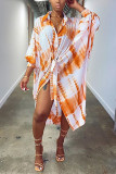 Orange Fashion Casual Print Tie-dye Turndown Collar Printed Dress Dresses