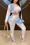 Sky Blue Sexy Patchwork Tie-dye O Neck Long Sleeve Two Pieces