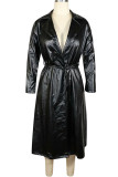 Red Fashion Street Adult Faux Leather Solid With Belt Turndown Collar Outerwear