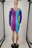Deep Blue Fashion Sexy Patchwork Hollowed Out Strap Design Asymmetrical O Neck Long Sleeve Dress