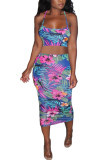 Green Fashion adult Ma'am Lightly cooked Floral Print Two Piece Suits pencil Sleeveless Two Pieces