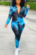 Blue Black Casual Print Turndown Collar Long Sleeve Two Pieces