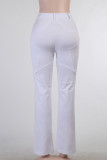 White Casual Solid Split Joint Regular Mid Waist Wide Leg Solid Color Bottoms