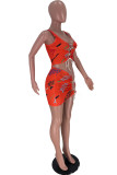Red Letter Print Bandage Patchwork Spaghetti Strap Sleeveless Two Pieces
