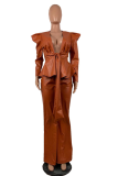 Tangerine Red Sexy Solid Patchwork V Neck Long Sleeve Two Pieces