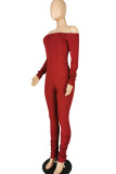 Wine Red Fashion Sexy Adult Polyester Solid Split Joint Bateau Neck Skinny Jumpsuits
