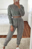 Grey Fashion Casual Adult Solid Split Joint O Neck Long Sleeve Regular Sleeve Short Two Pieces