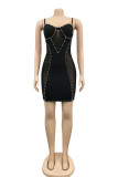 Black Fashion Sexy Patchwork Hollowed Out See-through Square Collar Sling Dress