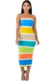Blue Sexy Off The Shoulder Sleeveless Wrapped chest Step Skirt Mid-Calf Striped Club Dresses