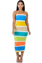Blue Polyester Sexy Off The Shoulder Sleeveless Wrapped chest Step Skirt Mid-Calf Striped Club Dresses