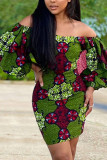 Green Work Print Bateau Neck Lantern Skirt Dresses