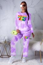 purple Polyester Active Print Straight Long Sleeve Two-piece Pants Set