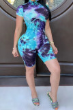 Blue Fashion Casual Tie-dyed Short Sleeve Mandarin Collar Jumpsuits
