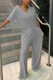 Black Fashion Casual Solid Polyester Short Sleeve O Neck Jumpsuits