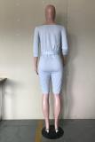 Grey Casual Fashion Solid Long Sleeve one word collar Rompers