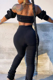 Black Fashion Casual Patchwork Print Ripped Regular High Waist Trousers