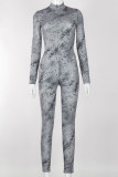 Grey Casual Print Patchwork Tie-dye O Neck Regular Jumpsuits