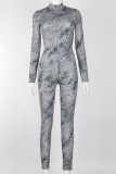 Grey Casual Print Split Joint Tie-dye O Neck Regular Jumpsuits