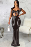 Dark Blue Polyester Sexy adult Fashion Cap Sleeve Sleeveless Wrapped chest Asymmetrical Floor-Length Striped P