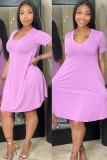 Light Purple Polyester Fashion Casual adult Ma'am Cap Sleeve Short Sleeves V Neck Swagger Knee-Length Solid Dresses