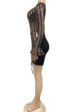Blue Sexy Solid Sequins Split Joint Fold V Neck Pencil Skirt Dresses