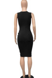 Black Fashion Celebrities adult Ma'am Tank Sleeveless O neck Step Skirt Knee-Length Solid Draped Dresses
