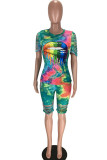 Green Polyester Fashion Sexy adult Ma'am Print Burn-out Two Piece Suits pencil Short Sleeve Two Pieces