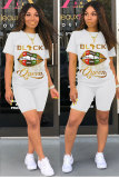 White Polyester Fashion Casual adult Letter Patchwork Two Piece Suits Lips Print Straight Short Sleeve Two Pieces