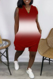 Red Fashion Casual Gradual Change Print Basic V Neck Regular Romper