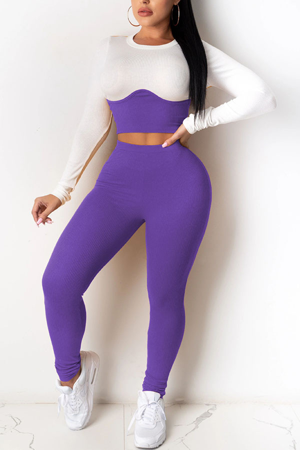 purple Casual Sportswear Blends Patchwork Solid Patchwork O Neck Long Sleeve Regular Sleeve Short Two Pieces