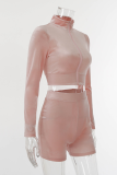 Pink Casual Hot Drilling Letter Zipper Collar Long Sleeve Two Pieces