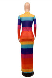 Rainbow Color Sexy Casual Print See-through Zipper Collar Long Sleeve Dresses
