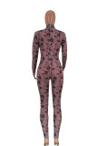 Pink Sexy Print Turtleneck Skinny Jumpsuits