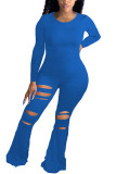 Blue Fashion Sexy Hole Solid Polyester Long Sleeve O Neck Jumpsuits