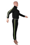 Black Casual Plaid Solid O Neck Long Sleeve Two Pieces