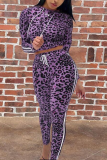Red Casual Leopard Patchwork Hooded Collar Long Sleeve Two Pieces